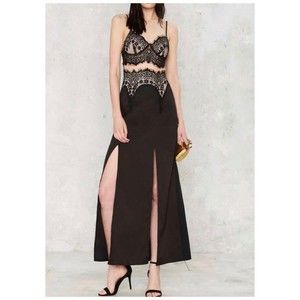 Black Victorian Bustier Maxi Dress High Side Leg Slit Lace Mesh Cocktail Formal